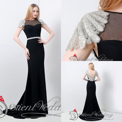 Vestidos de noite pretos longos das mulheres ocas "sexy" da luva do tampão