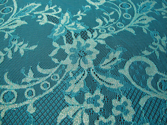 Verde metálico de nylon da tela do laço da flor Stretchable feito malha para a roupa
