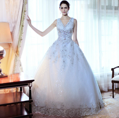 Vestidos de casamento frisados luxuosos do cristal de rocha, vestidos de casamento inchado do tule das mulheres