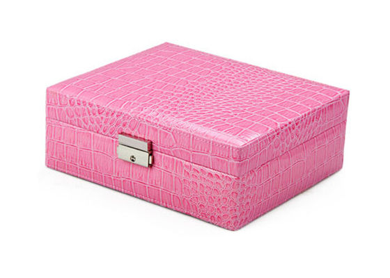 Couro gravado do crocodilo completo caixa de jóia para brincos, colar do rosa de 2 camadas